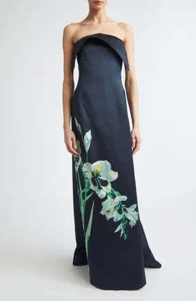 Erdem Floral Duchesse Satin Strapless Gown in Mirrored Orchid Ivory at Nordstrom, Size 10 Us
