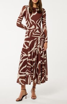 Ever New Tanny Long Sleeve Asymmetric Hem Mesh Midi Dress in Dark Drew Abstract at Nordstrom Rack, Size 10