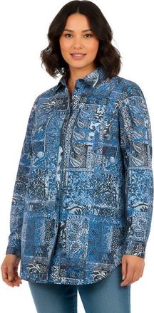 Roaman's Plus Size Kate Long Sleeve Easy Cotton-Blend Button-Front Shirt in Evening Blue Paisley Patch at Nordstrom, Size 14