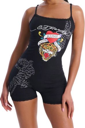 Ed Hardy Tiger Head Lace Sleep Romper In Black