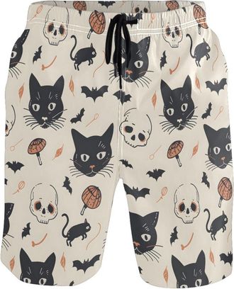 Alaza Beach Shorts for Men, Cat and Skulls Mens Swim Trunks Hawaiian Board Shorts Quick Dry with Pockets for Summer Vacation Surfing Beachwear Gym Outdoor W