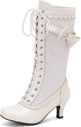 Generic Womens Lace Up Vintage Victorian Boots Mid Kitten Heel Mid-Calf Boots Round Toe Gothic Boot with Side Zipper,White,2.5 UK