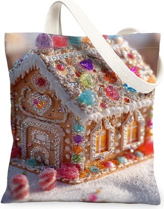 Generic Gingerbread House Canvas Tote Bags, Colorful Sweet Design Reusable Grocery Bags, Winter Lightweight Washable Shoulder Strap, Brown, 13x15 Inch