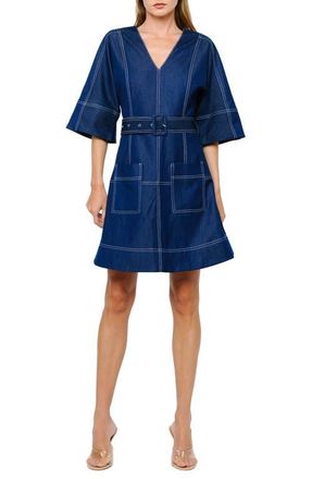 Ciebon Polly Topstitch Detail Denim Look Dress in Navy at Nordstrom, Size X-Small
