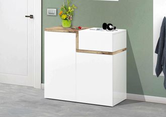 Dmora Zapatero Moderno, Made In Italy, Con 2 Puertas Y 1 Puerta Abatible, Zapatero De Entrada, Armario Multiusos, 80x40h80 Cm, Blanco Brillante Y Color Arce