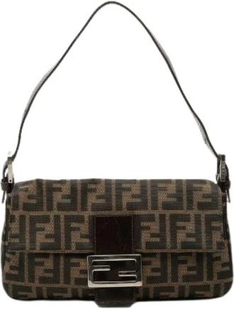 Fendi Pre-owned Shoulder Bags, female, Brown, Size: ONE SIZE Pre-owned Mamma Baguette Zucca Canvas Leather Shoulder Bag