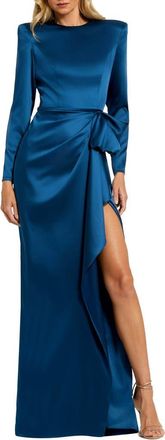 Mac Duggal Long Sleeve Structured Bow Draped Column Gown in Ocean Blue at Nordstrom, Size 12