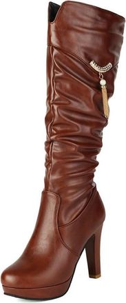 Generic Womens Chunky Platform Knee High Boots Round Toe Zipper Pleated Wide Calf with Metal Chain Dress Party Casual Shoes (Brown,7.5)
