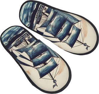 Generic Fleece Slippers Sailboat Lightweight Fuzzy Slippers Reusable Anti-Slide Slipper For Home Indoor Winter M