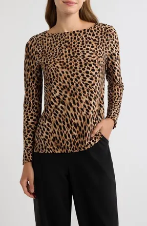 Anne Klein Button Cuff Boat Neck Top in Vicuna Multi at Nordstrom, Size X-Small