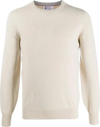 Brunello Cucinelli Cashmere Trui met Ronde Hals - Heren - Cashmere truien - Beige - M - Kasjmier - Truien & Vesten