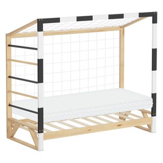 ML Design Ml-design - Cama Infantil 80 X 160 Cm En Forma De Porter&iacute;a De F&uacute;tbol Con Colch&oacute;n, Cuna Individual De Madera De Pino Con Somier De L&aacute;minas, Red Y Escal