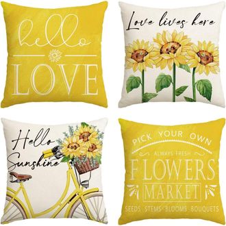 OEM Funda De Almohada Hollo Love Sunflower Bicycle Amarilla, 50 X 50 Cm, Estampado Floral De Verano/primavera, Funda De Coj&iacute;n Para Sof&aacute;, Juego De 4 Piezas