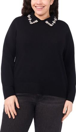 CeCe by Cynthia Steffe Faux Pearl & Rhinestone Detail Collared Sweater in Rich Black at Nordstrom, Size 2X
