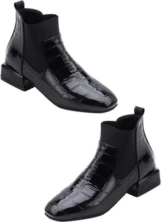 Yardwe Stylish Women S Patent Leather Ankle Booties Black Square Toe Chunky Heel Boots with Elastic Goring and Non-skid Outsole for Comfortable Wear