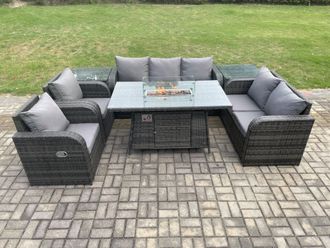 Fimous 7 Seater PE Wicker Outdoor Rattan Garden Furniture Set Propane Gas Fire Pit Table & Sofa Chair set with 2 Side Tables in Dark Grey
