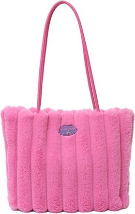 Generic Womens Plush Bags Casual Stripe Furry Tote Bag Portable Large Capacity Plush Shoulder Magnetic Button Solid Color Commuting Handbag Women(Rose Red)