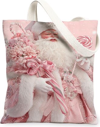 Generic Christmas Santa Peach Canvas Tote Bag, Vintage Floral Reusable Grocery Bag, Lightweight Washable Shoulder Strap for Holiday, Peach, 13x15 Inch