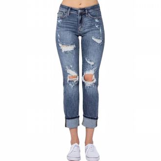 Judy Blue Mid Rise Cuffed Boyfriend Fit Jeans In Medium Blue