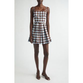 Oscar De La Renta Gingham Cotton Stretch Poplin Fit & Flare Minidress in Ice/Mahogany at Nordstrom, Size 10