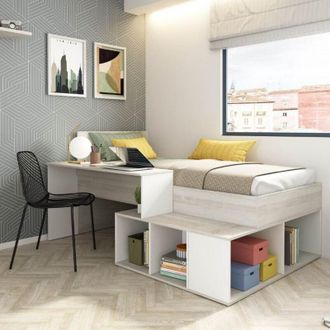 Vente-Unique Vente-unique - Letto combinato 90 x 200 cm con vani portaoggetti e scrivania Naturale e Bianco - rigali