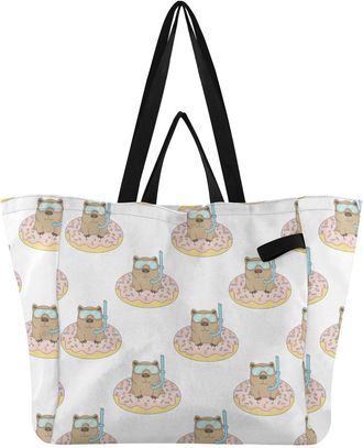 Generic Capybara Donut White print Reusable Canvas Tote Bag, Heavy Duty Grocery Shopping Bag with Double Handles Large Capacity Hard Bottom Work Groceries Tra
