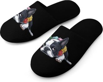 Generic Cute Boston Terrier Dog Mens Slippers Warm Non-Slip Houes Shose Spa Slipper for Home Bedroom