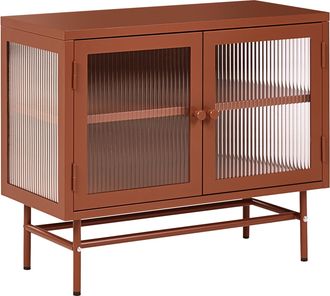 Beliani Aparador Moderno De Acero Con Vidrio Acanalado 2 Puertas Y Estantes Ajustables Marr&oacute;n Dorado Devon