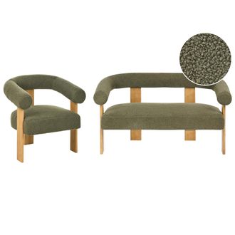 Beliani Conjunto De Sala De Estar Retro Sof&aacute; 2 Plazas Sill&oacute;n Tapizado De Boucl&eacute; Patas De Madera Verde Y Marr&oacute;n Claro Ilbro