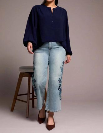 Tribal Audrey Embroidered Wide Leg Mid Rise Jeans In Newblue