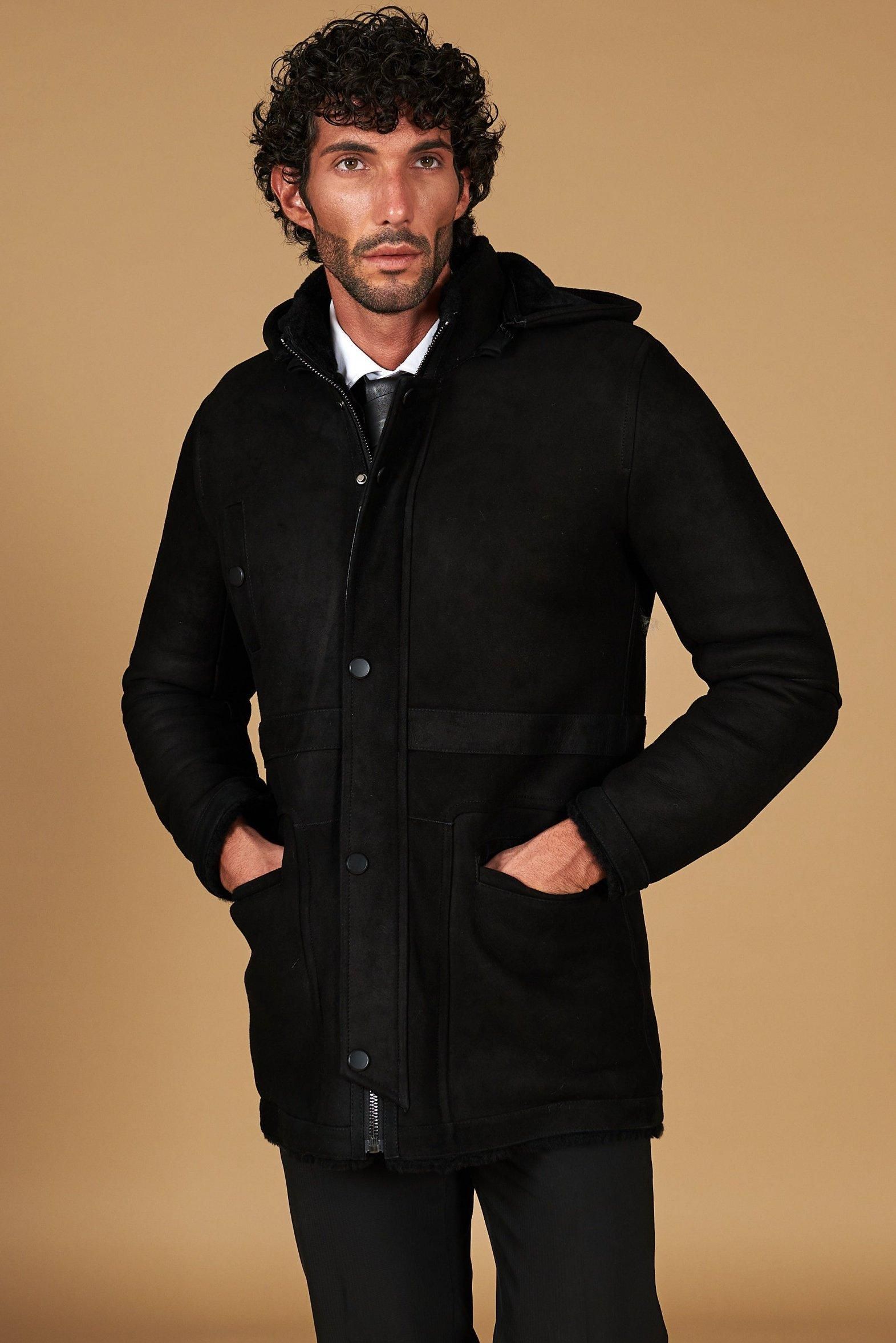 D'Arienzo Cappotto montone shearling scamosciato nero con