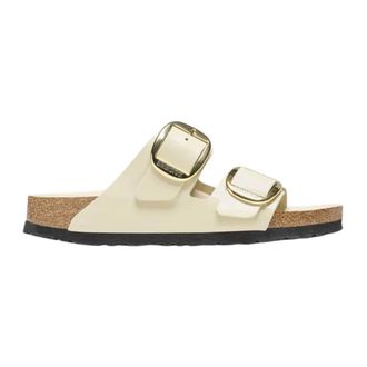 Birkenstock Sliders, female, Beige, 5 UK, Arizona Big Buckle Natural Leather Patent Sandals Narrow