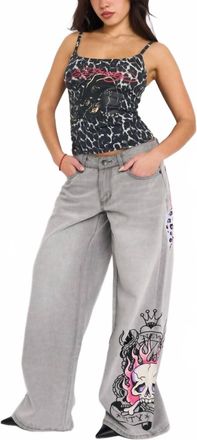 Ed Hardy Skull Flame Baggy Jeans In Light Grey