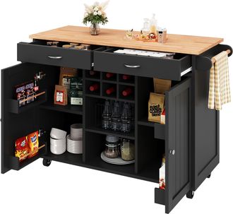 STILVORA Carro De Cocina Con Botellero, Estantes Ajustables Y Ruedas Con Freno, En Mdf Y Metal, 102x45x92 Cm, Negro