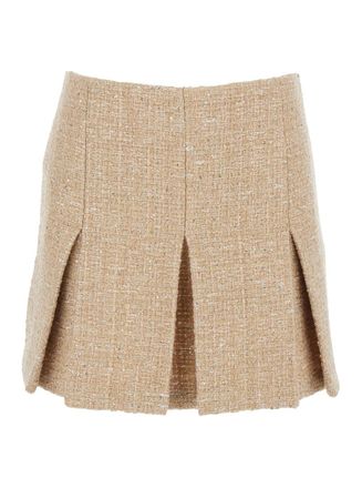 Twin-Set Beige Miniskirt With Pleated Details On The Front And Logo Plaque On The Rear In Tech Fabric Woman