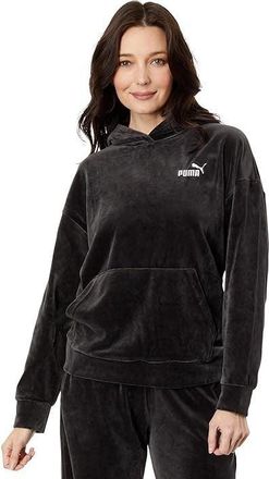 Puma Essential Elevated Velour Hoodie Womens Black Logo Pullover GBO126