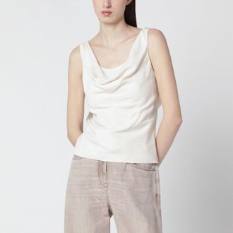 Brunello Cucinelli Top color panna in twill Fluid di viscosa e lino