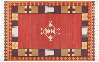 Beliani Alfombra Kilim De Algod&oacute;n Rojo Marr&oacute;n Beige 200 X 300 Cm A Mano Geom&eacute;trico Borlas Parakar