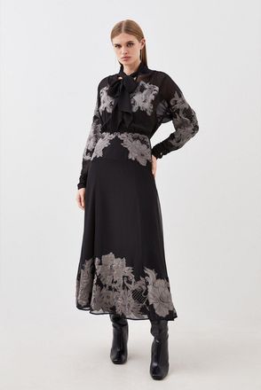 Karen Millen Velvet Applique Satin Woven Maxi Dress