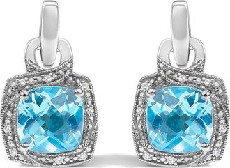 House of Brilliance Sterling Silver Cushion Cut Blue Topaz and Diamond Accent Geometric Dangle Earrings