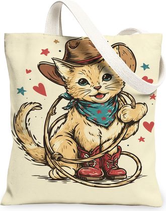 Generic Cowboy Cat Canvas Tote Bags, Fun Animal Design Reusable Grocery Bags, Lightweight Washable Shoulder Strap for Travel Beach, Beige, 13x15 Inch