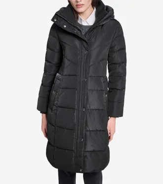 Cole Haan Womens Taffeta Down Coat with Knit Collar - Black Size Medium
