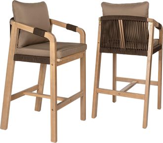 Jonathan Y Designs Porto Modern Coastal Tub Roped Acacia Wood Outdoor Bar Stool with Cushions and Armrests, Gray/Teak Brown (Set of 2)