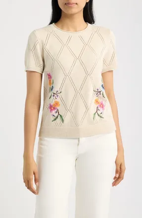 Tommy Bahama Diamond Stitch Floral Embroidered Sweater in Coconut Heather at Nordstrom, Size X-Large