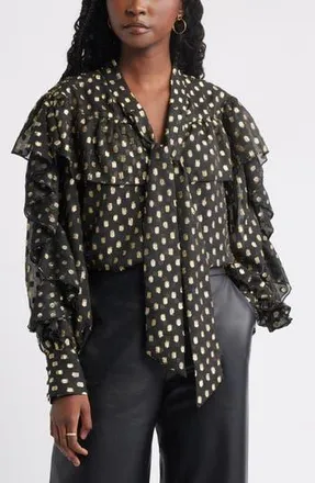 Treasure & Bond Tie Neck Metallic Chiffon Top in Black Lurex Dot at Nordstrom Rack, Size Xx-Small