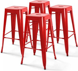 Oviala Oviala - Lote de 4 taburetes de bar de acero rojo brillante
