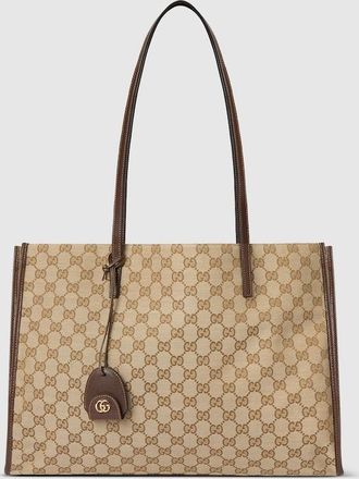 Gucci Large Tote Bag With Charm, Beige, GG Canvas