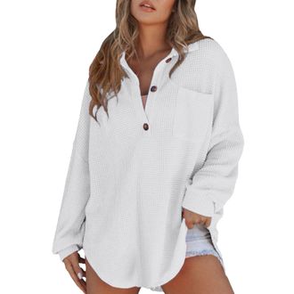 Generic Longline Hoodie for Women Knit Tunic Tops for Women UK Oversized Solid Color Button T Shirts With Pocket Classic Loose Fit Long Sleeve Pullover Blouse
