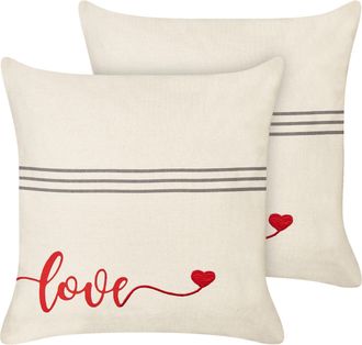 Beliani Beliani - Lote De 2 Cojines Decorativos Fabricados En Algod&oacute;n Beige Con Motivo De San Valent&iacute;n 45 X 45 Cm Plumeria