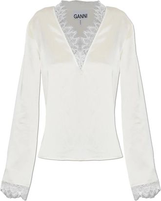 Ganni Satijnen top met kanten details - Dames - Blouses - Beige - XS - Satijn - Overhemden